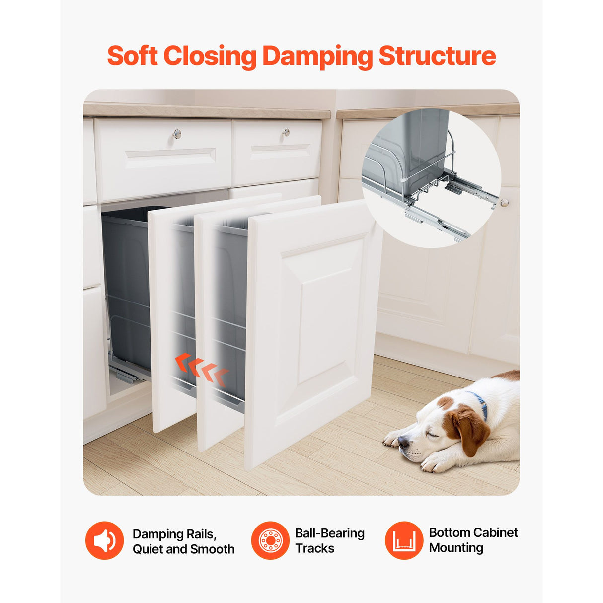 Pullout Trash Can for Kitchen Cabinets, Garbage Waste Recycling Bin, Under Mount Waste Container, with Heavy Duty Metal Soft Close Sliding System and Door Kit, for Sink, Under Counter