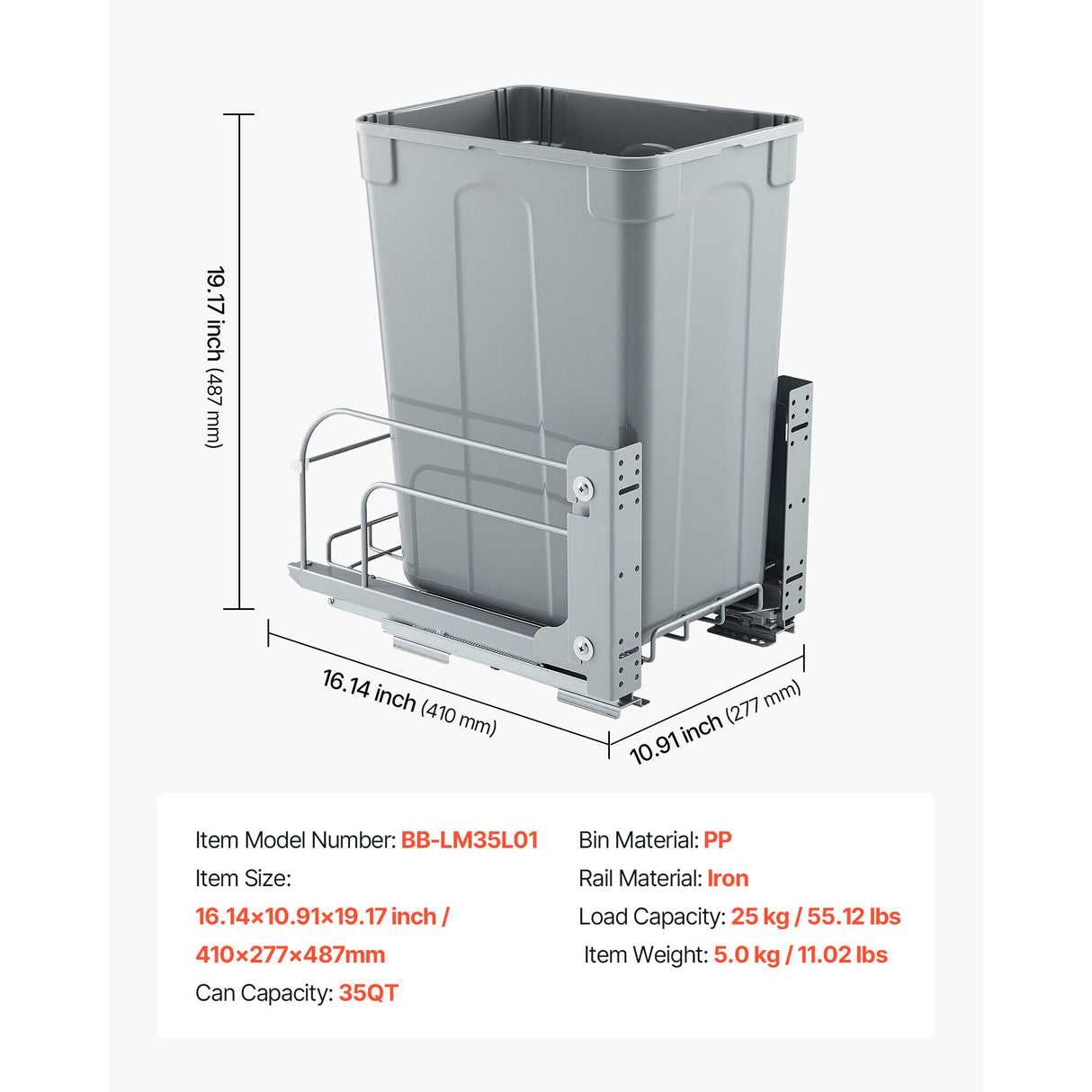 Pullout Trash Can for Kitchen Cabinets, Garbage Waste Recycling Bin, Under Mount Waste Container, with Heavy Duty Metal Soft Close Sliding System and Door Kit, for Sink, Under Counter