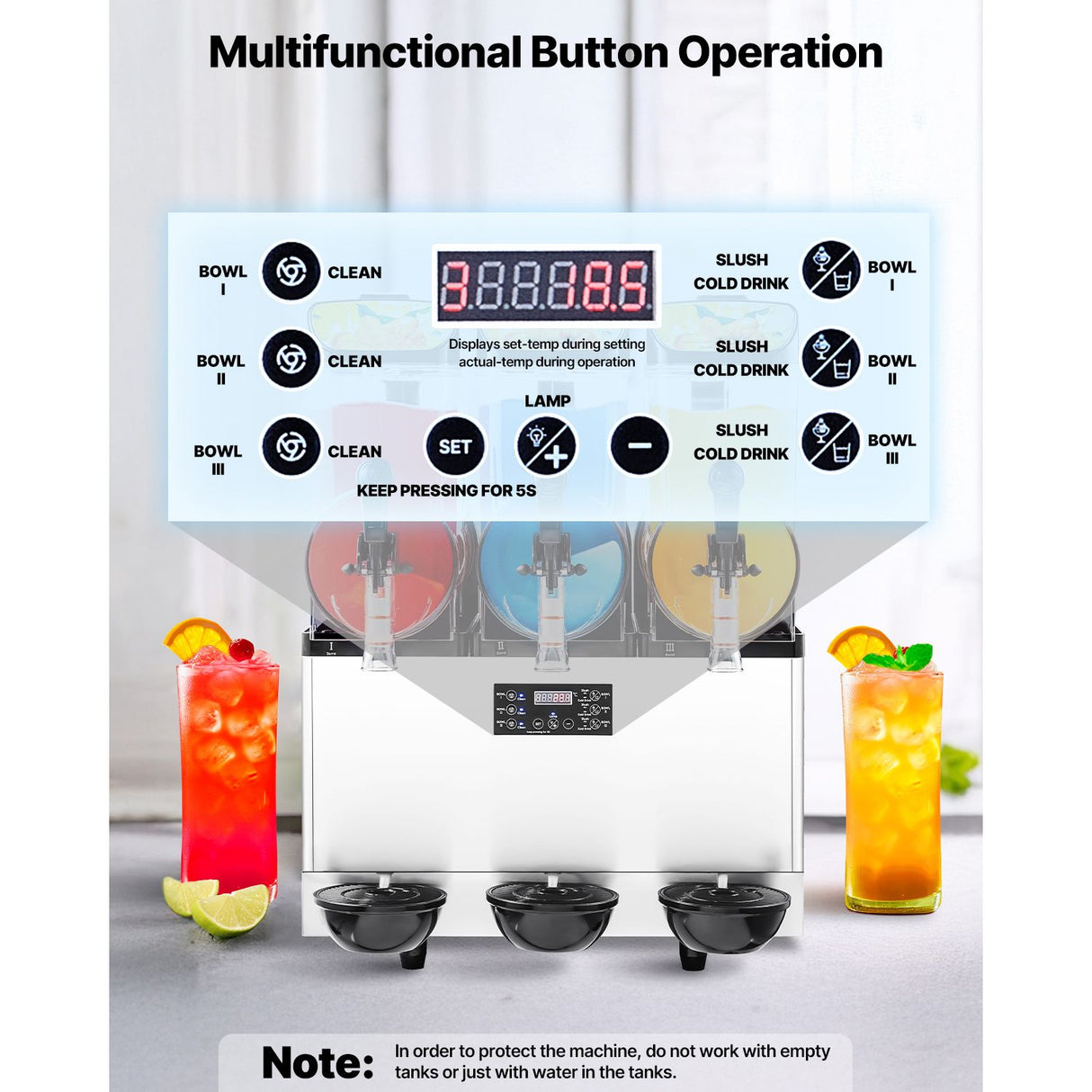 VEVOR Commercial Frozen Drink Maker, 15Lx3 Triple Tank Slushy Machine, 180 Cups Stainless Steel Margarita Smoothie Frozen Drink Machine, Slushie Maker for Home Party Restaurants Cafe Bars