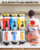 VEVOR Commercial Frozen Drink Maker, 15Lx3 Triple Tank Slushy Machine, 180 Cups Stainless Steel Margarita Smoothie Frozen Drink Machine, Slushie Maker for Home Party Restaurants Cafe Bars
