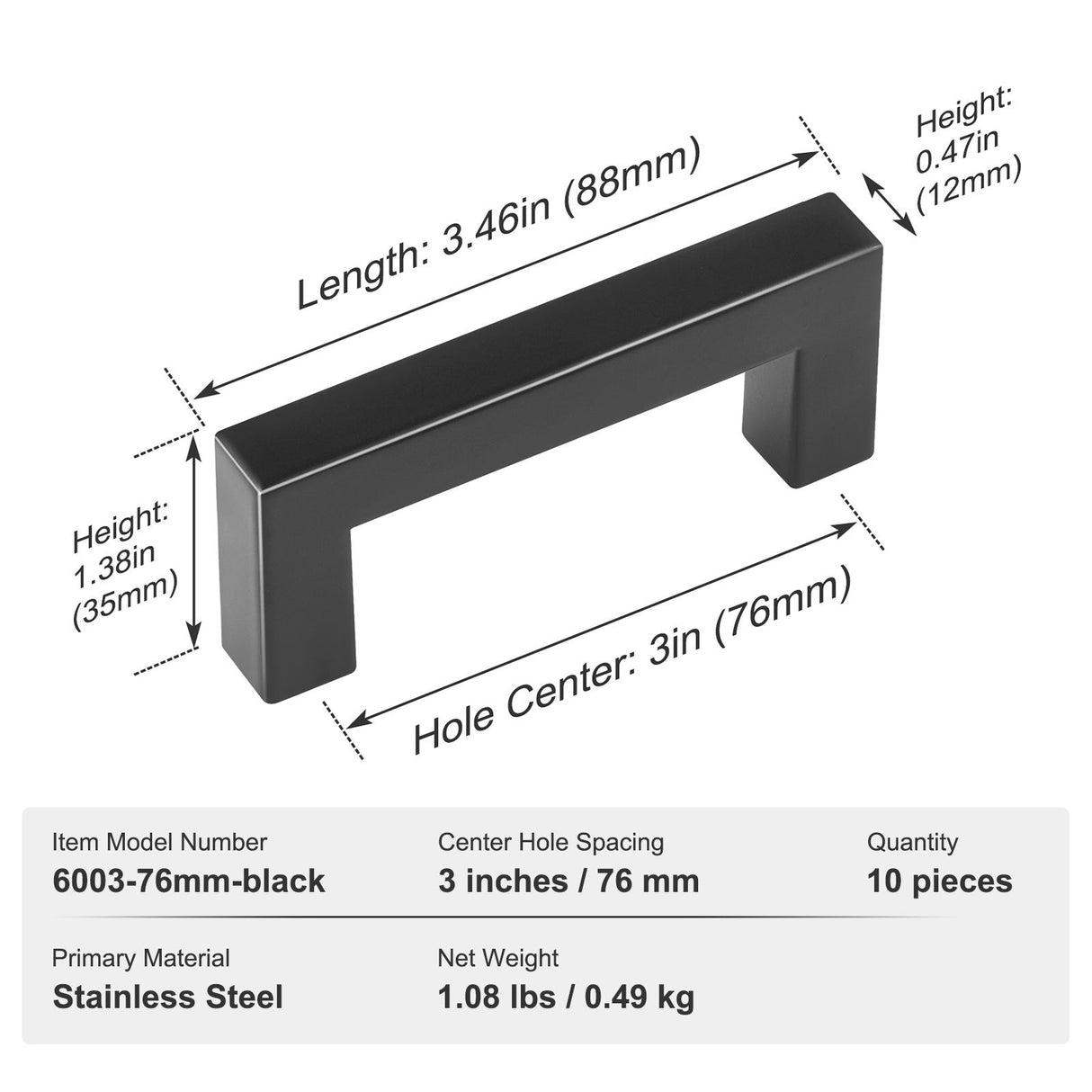 10 Pack Cabinet Pulls, 3in / 76mm Center to Center Slim Square Kitchen Cabinet Drawer, Stainless Steel Modern Kitchen Cupboard Door Handles for Kitchen Bathroom Bar Hardware Matte Black