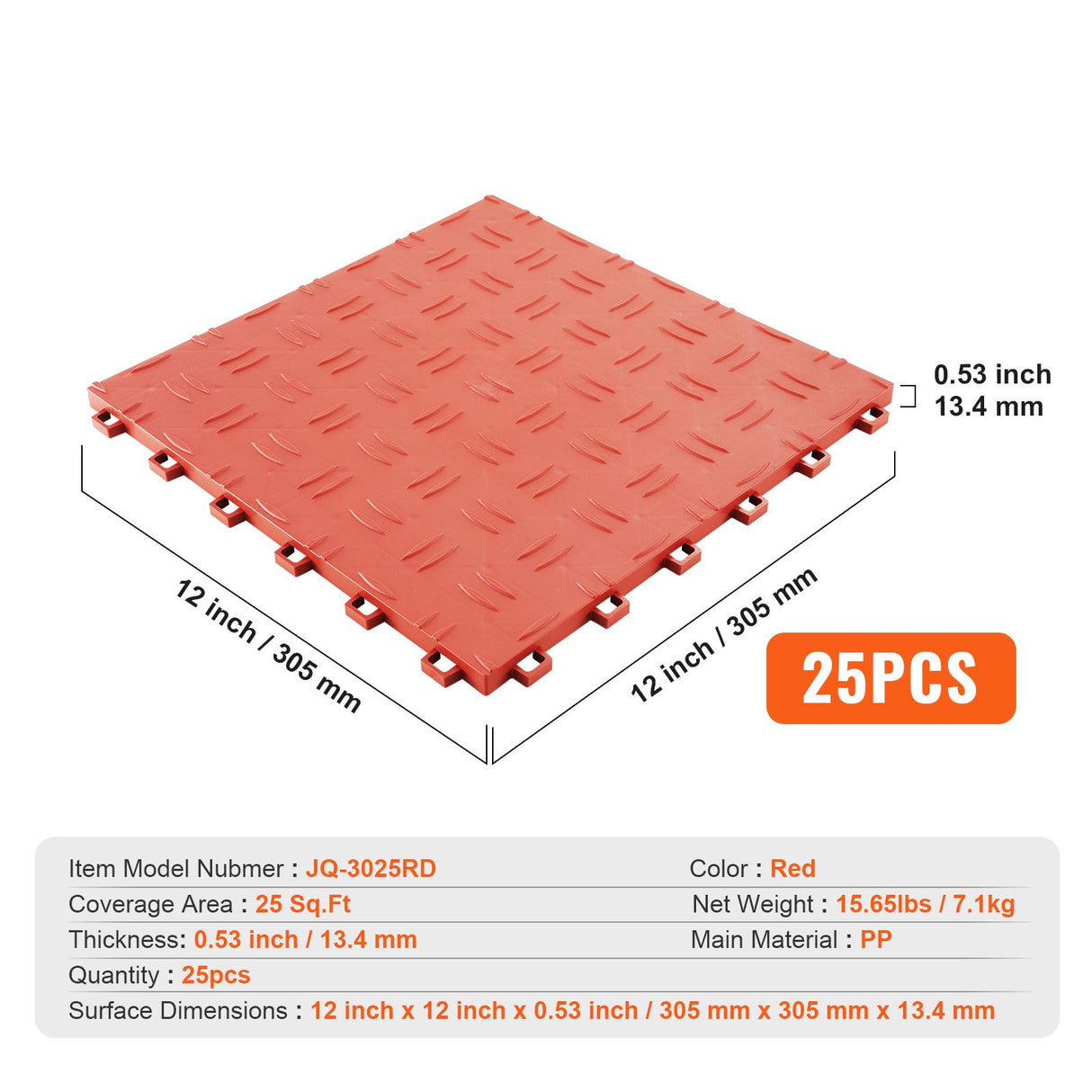 VEVOR Garage Tiles Interlocking, 12 x 12 x 0.53 inch 25 Pack Garage Floor Covering Tiles, Non-Slip Double-Sided Texture Garage Flooring Tiles, for Garages, Basements, Repair Shops, Red