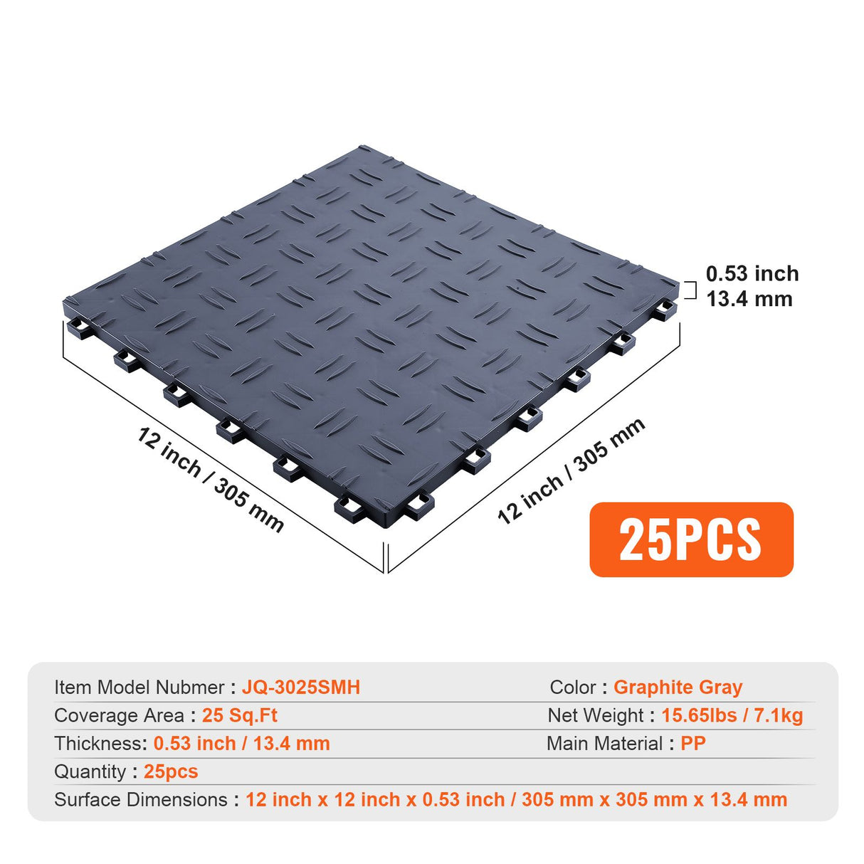 VEVOR Garage Tiles Interlocking, 12 x 12 x 0.53 inch 25 Pack Garage Floor Covering Tiles, Non-Slip Double-Sided Texture Garage Flooring Tiles, for Garages, Basements, Repair Shops, Graphite Gray