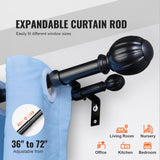 VEVOR Double Rod Curtain Rods, 36-72 inches(3-6ft) Adjustable Length, Black Double Curtain Rods with Round Finials, 1" and 3/4" Diameter, Double Window Drapery Rod for Sheer and Blackout Curtains