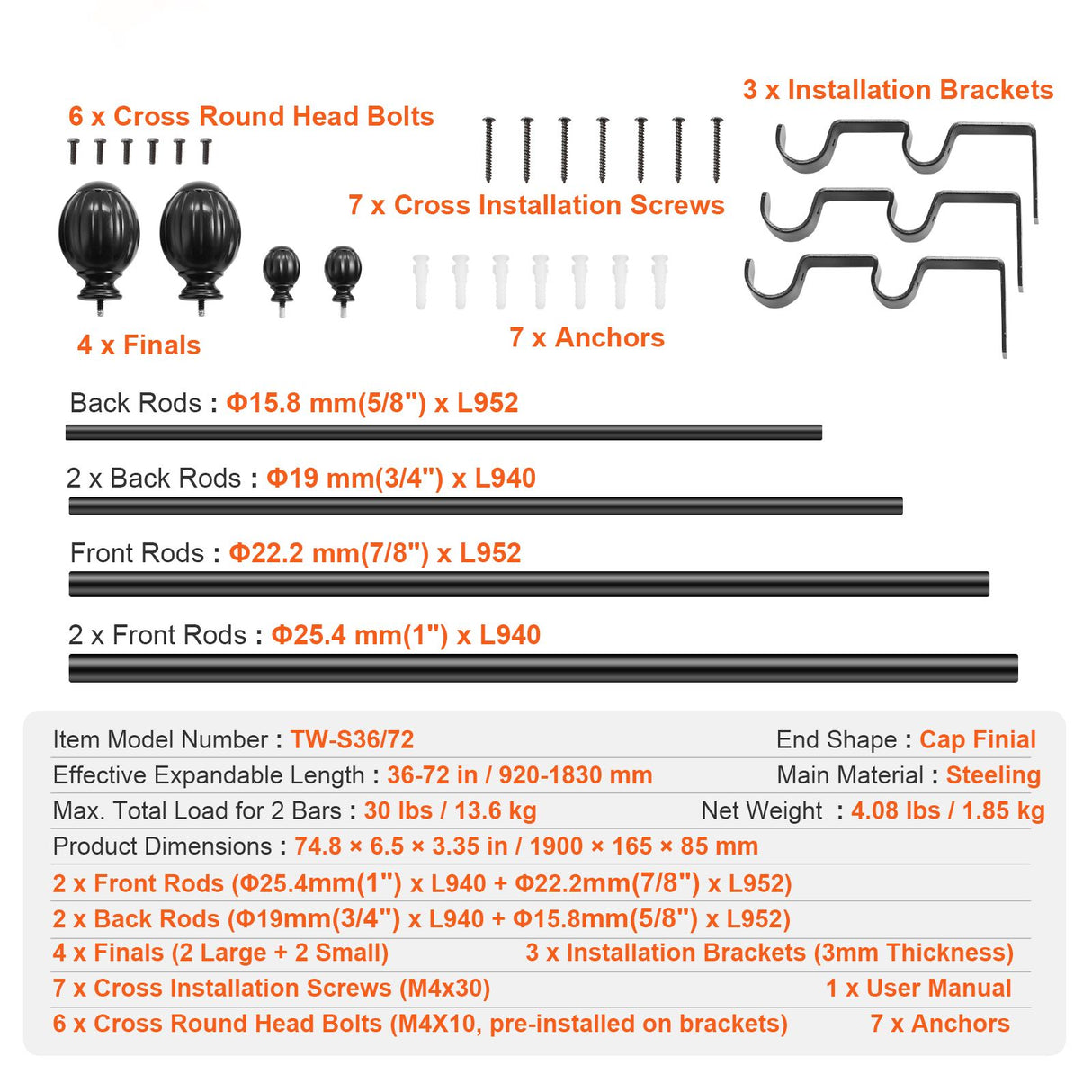 VEVOR Double Rod Curtain Rods, 36-72 inches(3-6ft) Adjustable Length, Black Double Curtain Rods with Round Finials, 1" and 3/4" Diameter, Double Window Drapery Rod for Sheer and Blackout Curtains