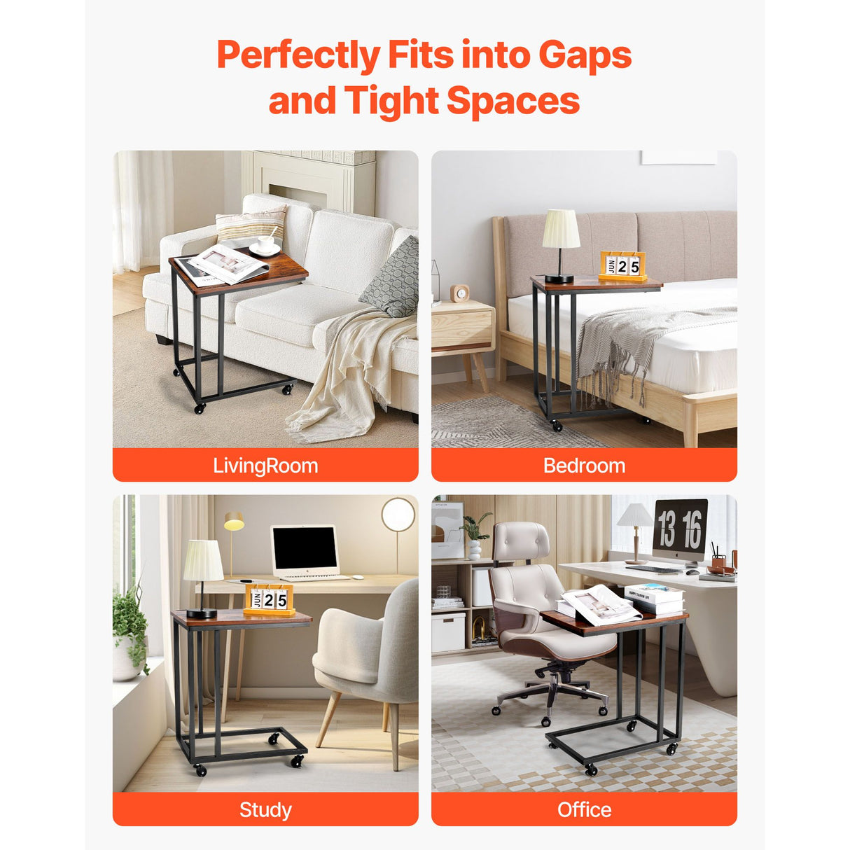 VEVOR C Table, C Shaped Sofa Side Table with Metal Frame Rolling Casters, Portable C Shaped End Stand for Living Room Bedroom Office, 19.69 x 13.78 x 23.82 inches Laptop Side Tables, Brown and Black