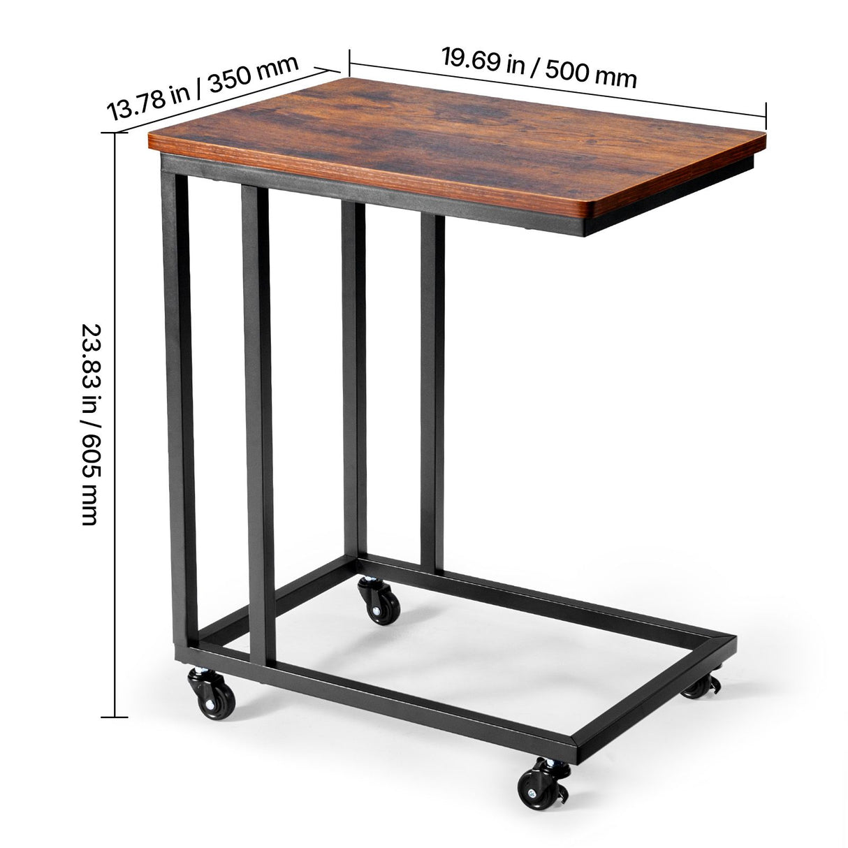 VEVOR C Table, C Shaped Sofa Side Table with Metal Frame Rolling Casters, Portable C Shaped End Stand for Living Room Bedroom Office, 19.69 x 13.78 x 23.82 inches Laptop Side Tables, Brown and Black