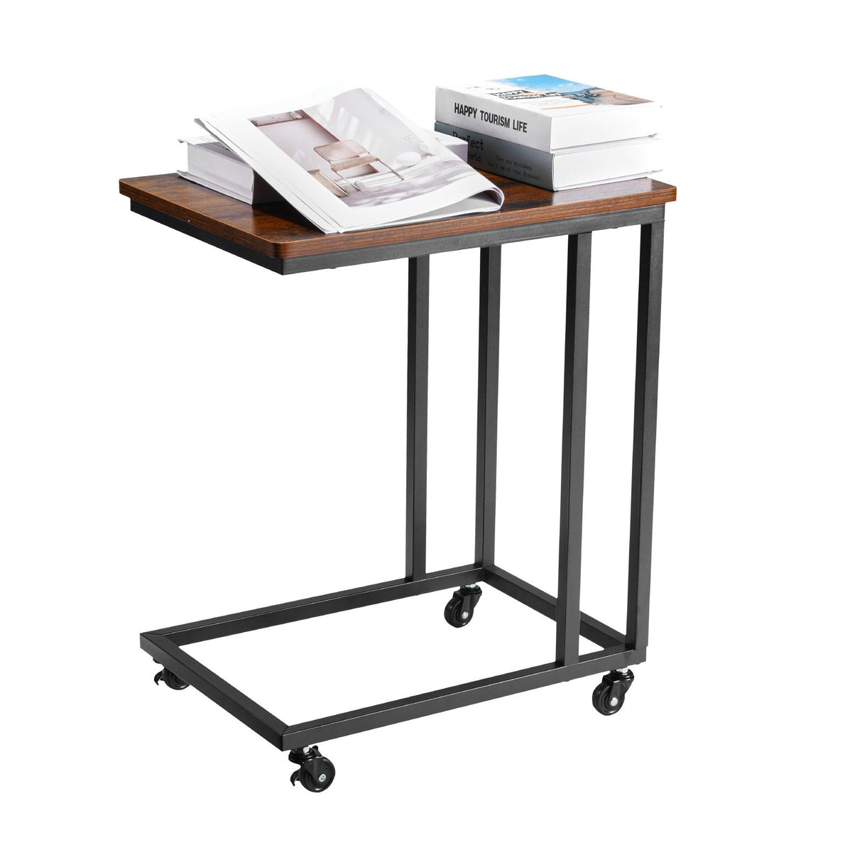 VEVOR C Table, C Shaped Sofa Side Table with Metal Frame Rolling Casters, Portable C Shaped End Stand for Living Room Bedroom Office, 19.69 x 13.78 x 23.82 inches Laptop Side Tables, Brown and Black
