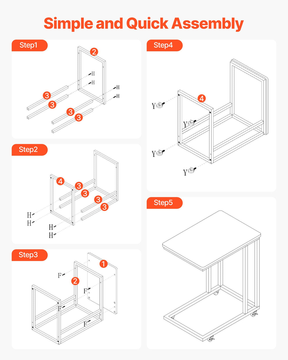 VEVOR C Table, C Shaped Sofa Side Table with Metal Frame Rolling Casters, Portable C Shaped End Stand for Living Room Bedroom Office, 19.69 x 13.78 x 23.82 inches Laptop Side Tables, Brown and Black