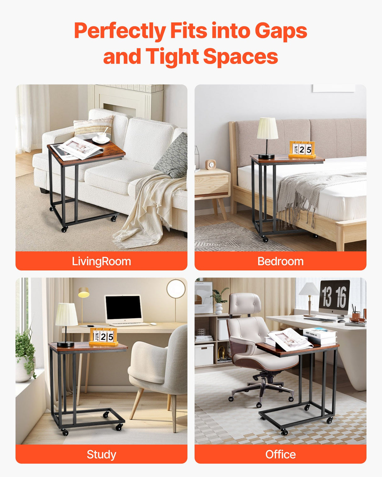 VEVOR C Table, C Shaped Sofa Side Table with Metal Frame Rolling Casters, Portable C Shaped End Stand for Living Room Bedroom Office, 19.69 x 13.78 x 23.82 inches Laptop Side Tables, Brown and Black