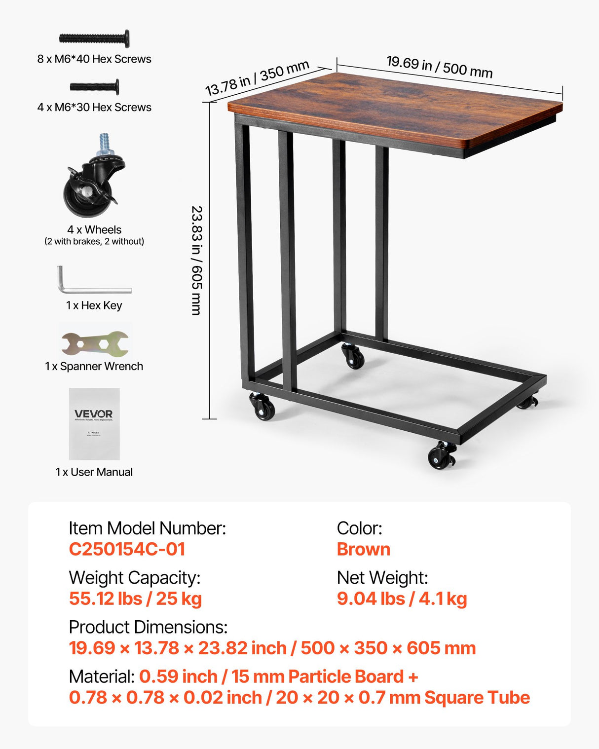 VEVOR C Table, C Shaped Sofa Side Table with Metal Frame Rolling Casters, Portable C Shaped End Stand for Living Room Bedroom Office, 19.69 x 13.78 x 23.82 inches Laptop Side Tables, Brown and Black