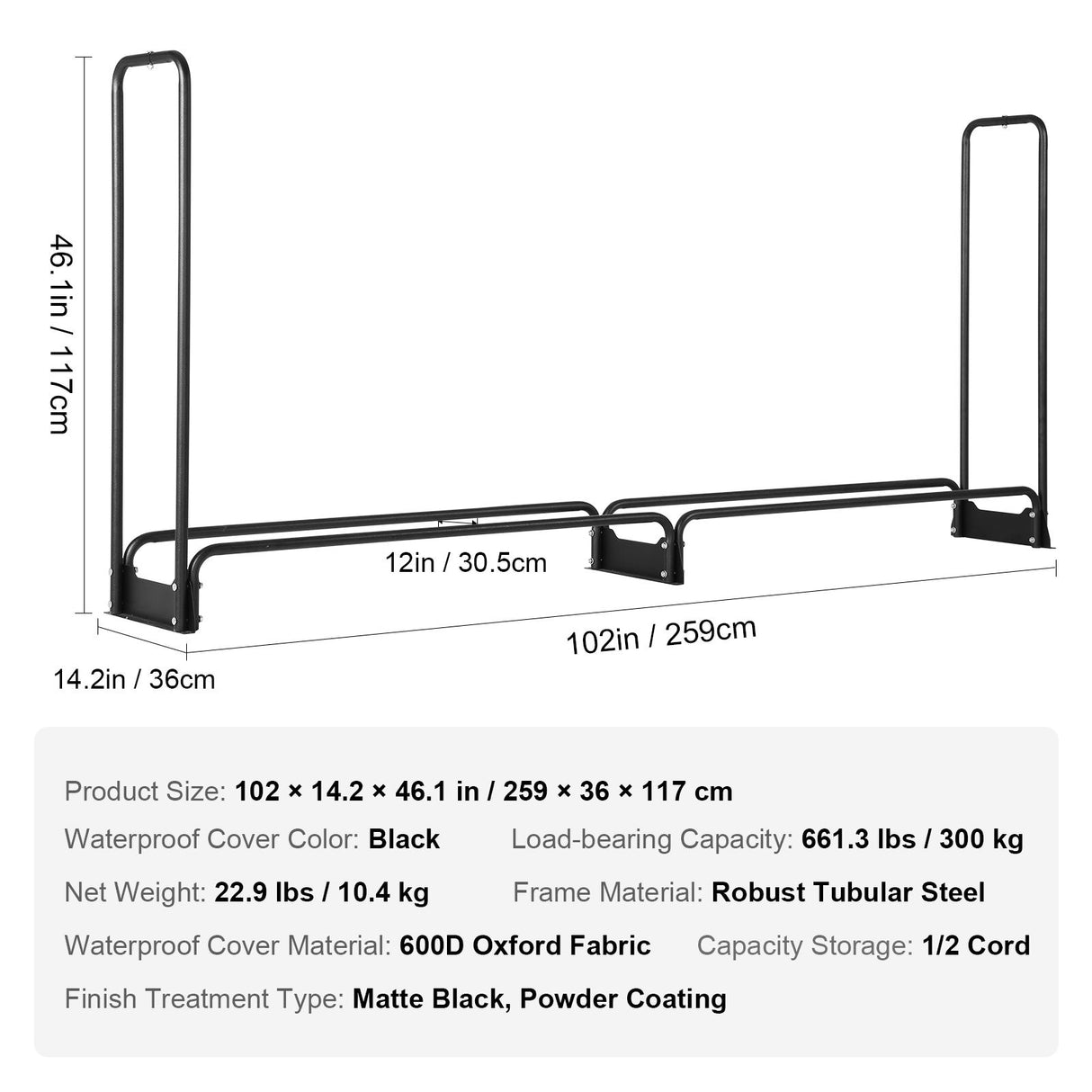 VEVOR Firewood Rack with Waterproof Cover, 257 x 36 x 117 cm Outdoor Firewood Holder, 660lb Weight Capacity, 1/2 Cord Log Holder, Half-Covered, Powder-coated Wood Storage Rack for Fireplace Deck