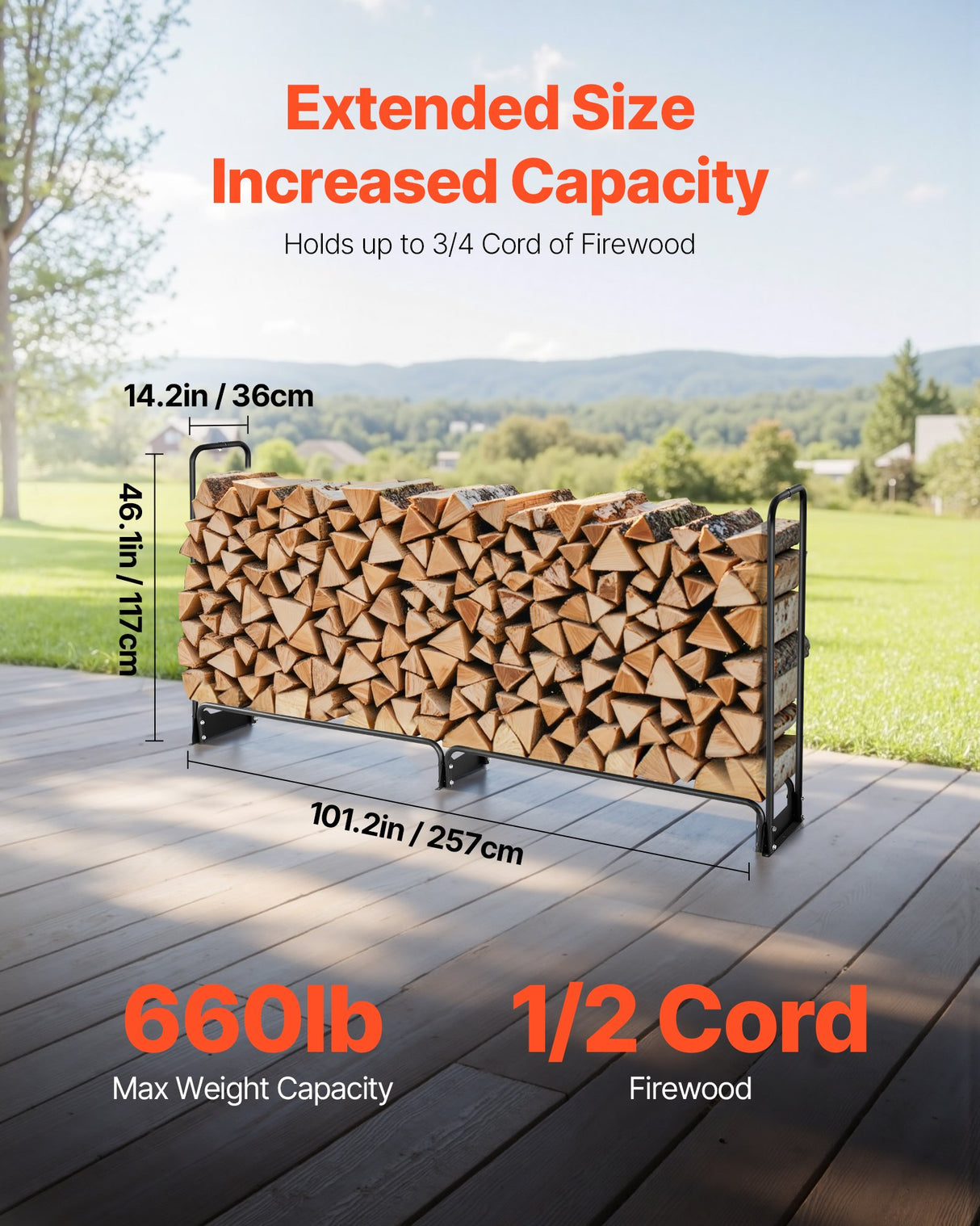 VEVOR Firewood Rack with Waterproof Cover, 257 x 36 x 117 cm Outdoor Firewood Holder, 660lb Weight Capacity, 1/2 Cord Log Holder, Half-Covered, Powder-coated Wood Storage Rack for Fireplace Deck