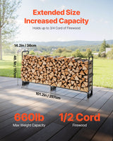 VEVOR Firewood Rack with Waterproof Cover, 257 x 36 x 117 cm Outdoor Firewood Holder, 660lb Weight Capacity, 1/2 Cord Log Holder, Half-Covered, Powder-coated Wood Storage Rack for Fireplace Deck