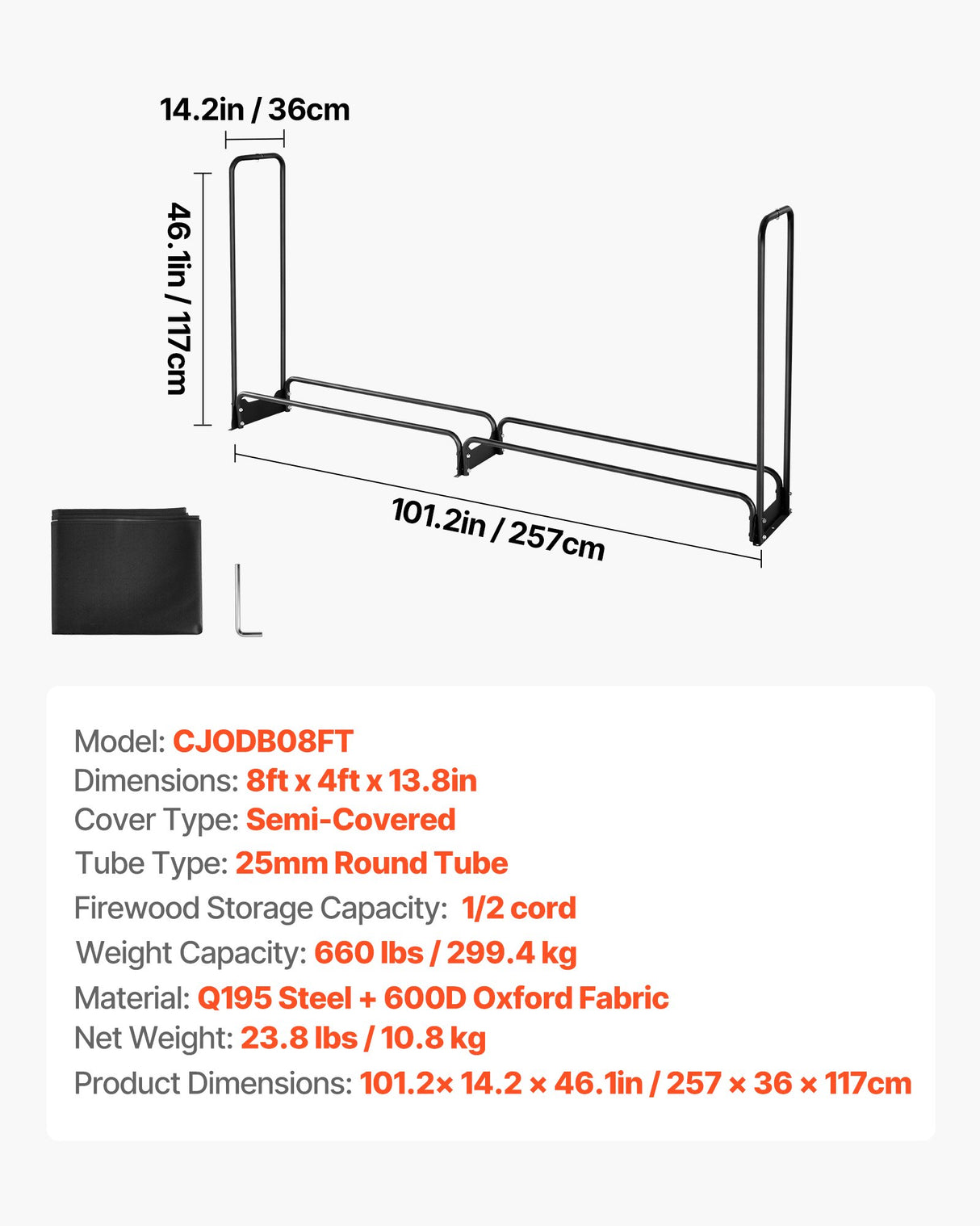 VEVOR Firewood Rack with Waterproof Cover, 257 x 36 x 117 cm Outdoor Firewood Holder, 660lb Weight Capacity, 1/2 Cord Log Holder, Half-Covered, Powder-coated Wood Storage Rack for Fireplace Deck