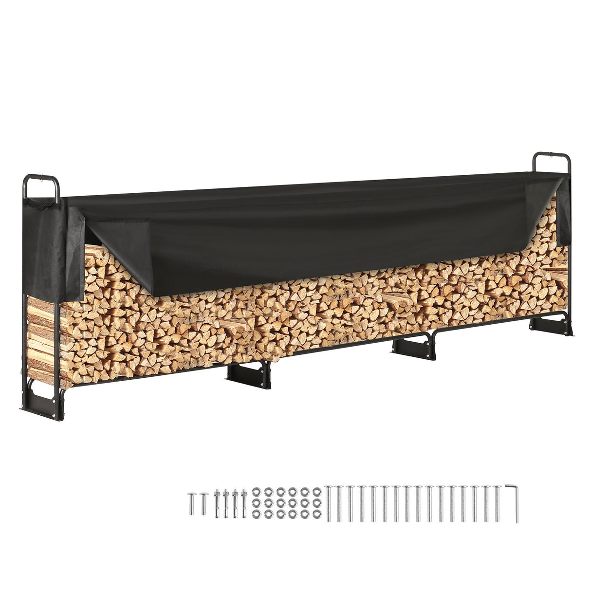 VEVOR Firewood Rack with Waterproof Cover, 383 x 36 x 117 cm Outdoor Firewood Holder, 660lb Weight Capacity, 1/2 Cord Log Holder, Half-Covered, Powder-coated Wood Storage Rack for Fireplace Deck