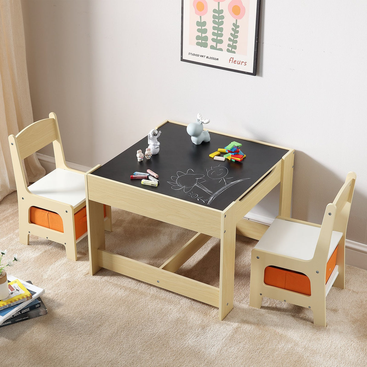 VEVOR Kids Table and Chair Set Wooden Activity Table with Storage Space & Boxes