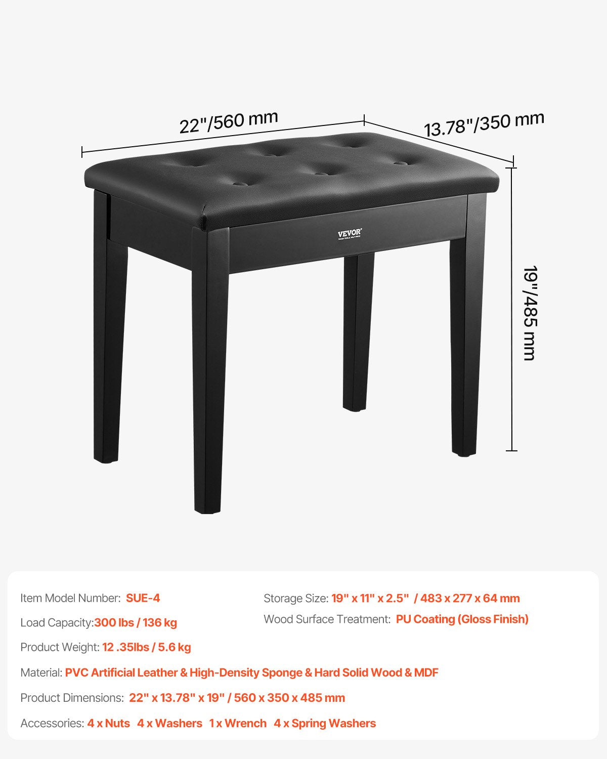 VEVOR Piano Bench, 22" x 13.78" x 19", Keyboard Piano Chair with High-Density Padded Cushion, Storage Compartment for Music Books, Wooden Piano Bookcase Stool Seat, for Vanity, Living Room, Bedroom