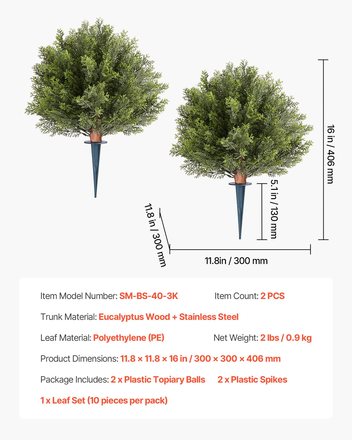 Artificial Topiary Cypress Trees with Ground Spike, 2 Set 406mm Faux Shrubs & Bushes Potted Plants, Fake Silk Tree Look Real for Decor Front Porch Outdoor Indoor Patio Garden Balcony Backyard