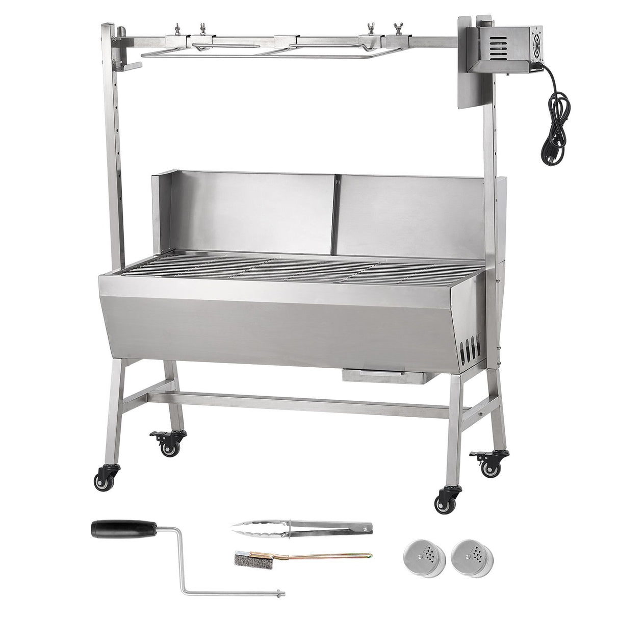 VEVOR Rotisserie Grill with Windscreen, BBQ Whole Pig Lamb Goat Charcoal Spit Grill, 35 Inch 90 Lbs Capacity, Electric 42W Motor Stainless Steel Roaster with Lockable Wheels, for Camping Outdoor