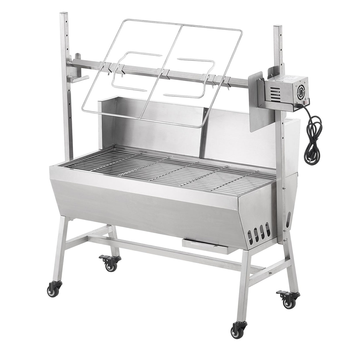 VEVOR Rotisserie Grill with Windscreen, BBQ Whole Pig Lamb Goat Charcoal Spit Grill, 35 Inch 90 Lbs Capacity, Electric 42W Motor Stainless Steel Roaster with Lockable Wheels, for Camping Outdoor