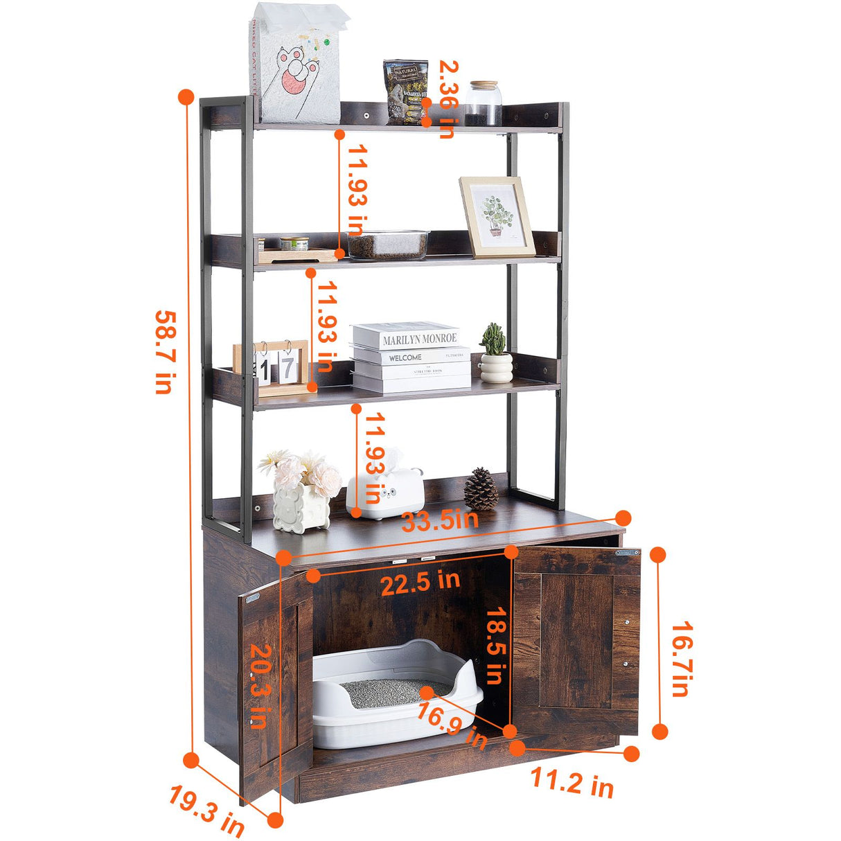 VEVOR Cat Litter Box Enclosure Wooden Litter Box Furniture Hidden with 3 Shelves