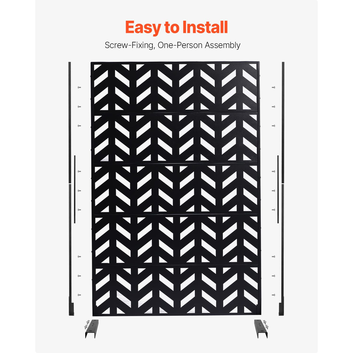 Metal Privacy Screen, 47" W x 72" H, Outdoor Privacy Screens 5-Panel, Freestanding Outdoor Divider with Stand, Decorative Garden Steel Privacy Fence for Balcony Patio Indoor Room Black