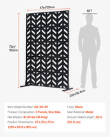 Metal Privacy Screen, 47" W x 72" H, Outdoor Privacy Screens 5-Panel, Freestanding Outdoor Divider with Stand, Decorative Garden Steel Privacy Fence for Balcony Patio Indoor Room Black