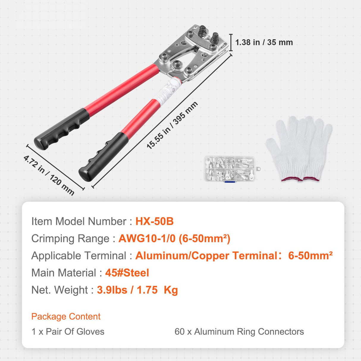 Battery Cable Lug Crimping Tool, 10-1/0AWG Aluminum Terminal Battery Lug Crimper, with 60PCS Aluminum Ring Connectors Terminals 6 Wire Sizes Crimping Die, for Heavy Duty Wire Lugs