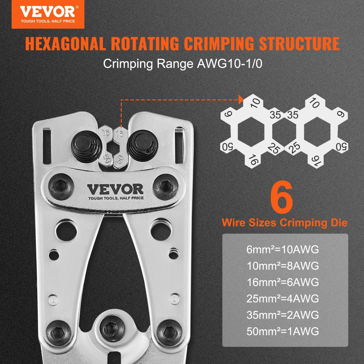 Battery Cable Lug Crimping Tool, 10-1/0AWG Aluminum Terminal Battery Lug Crimper, with 60PCS Aluminum Ring Connectors Terminals 6 Wire Sizes Crimping Die, for Heavy Duty Wire Lugs
