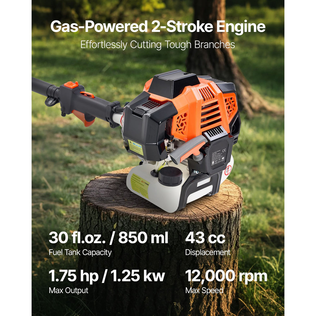 VEVOR Gas Pole Saw, 43CC 2 Stroke Gas Powered Pole Saws with 25.4 cm Cutting Bar, Cordless Tree Trimmer with Rotatable Head, 2.1 to 3.6 m Extendable, Powerful Chainsaw for Tree Trimming Pruning