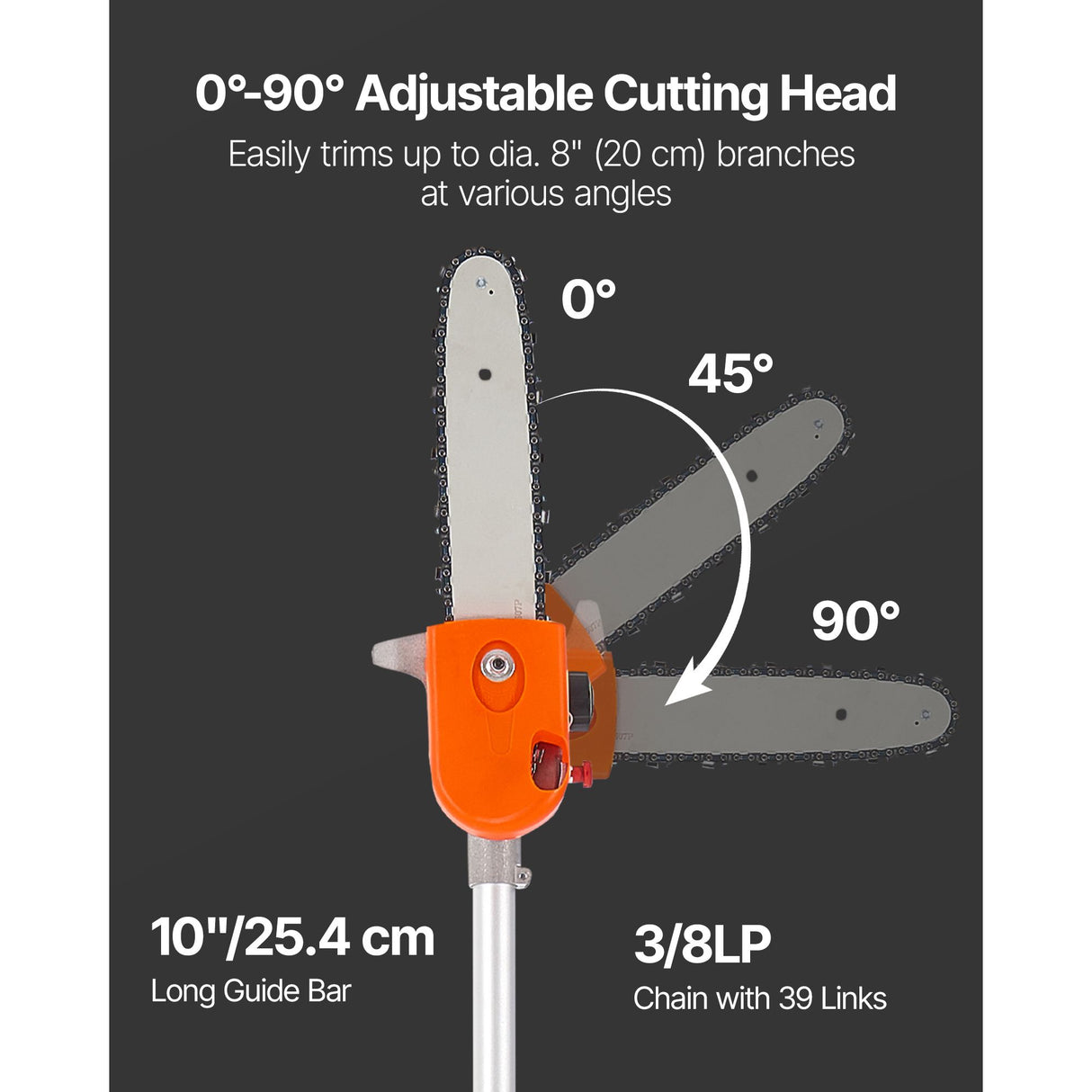 VEVOR Gas Pole Saw, 43CC 2 Stroke Gas Powered Pole Saws with 25.4 cm Cutting Bar, Cordless Tree Trimmer with Rotatable Head, 2.1 to 3.6 m Extendable, Powerful Chainsaw for Tree Trimming Pruning