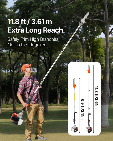 VEVOR Gas Pole Saw, 43CC 2 Stroke Gas Powered Pole Saws with 25.4 cm Cutting Bar, Cordless Tree Trimmer with Rotatable Head, 2.1 to 3.6 m Extendable, Powerful Chainsaw for Tree Trimming Pruning