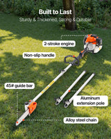 VEVOR Gas Pole Saw, 43CC 2 Stroke Gas Powered Pole Saws with 25.4 cm Cutting Bar, Cordless Tree Trimmer with Rotatable Head, 2.1 to 3.6 m Extendable, Powerful Chainsaw for Tree Trimming Pruning