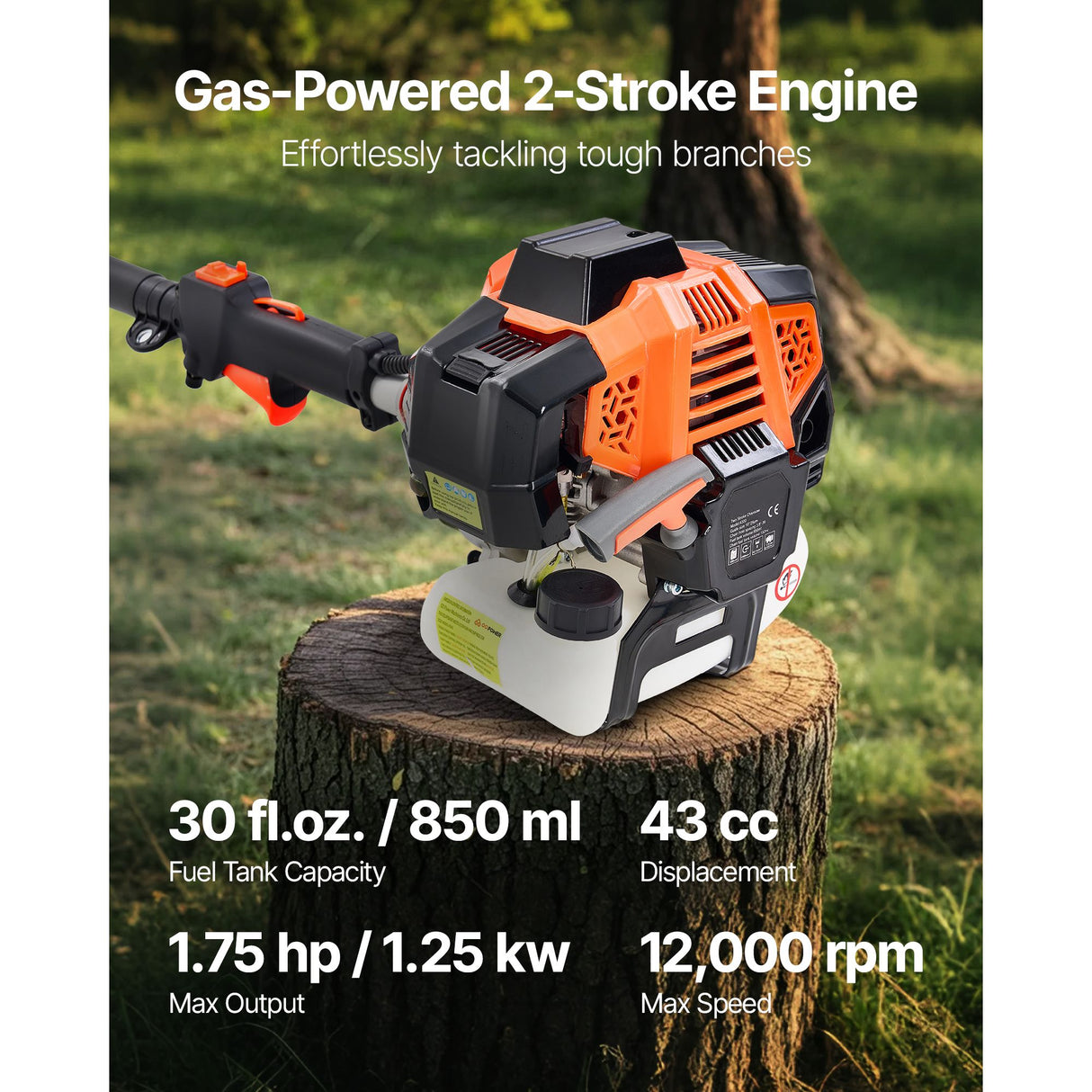 VEVOR Gas Pole Saw, 33CC 2 Stroke Gas Powered Pole Saws with 20.3 cm Cutting Bar, Cordless Tree Trimmer with 850ml Fuel Tank, 2.08 to 3.58 m  Extendable, Powerful Chainsaw for Tree Trimming Pruning