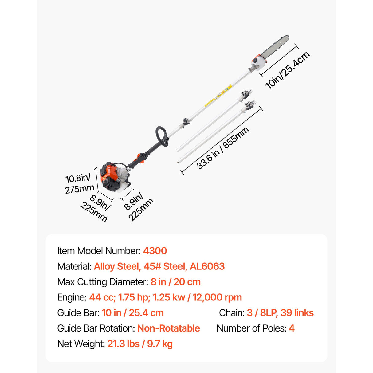 VEVOR Gas Pole Saw, 33CC 2 Stroke Gas Powered Pole Saws with 20.3 cm Cutting Bar, Cordless Tree Trimmer with 850ml Fuel Tank, 2.08 to 3.58 m  Extendable, Powerful Chainsaw for Tree Trimming Pruning