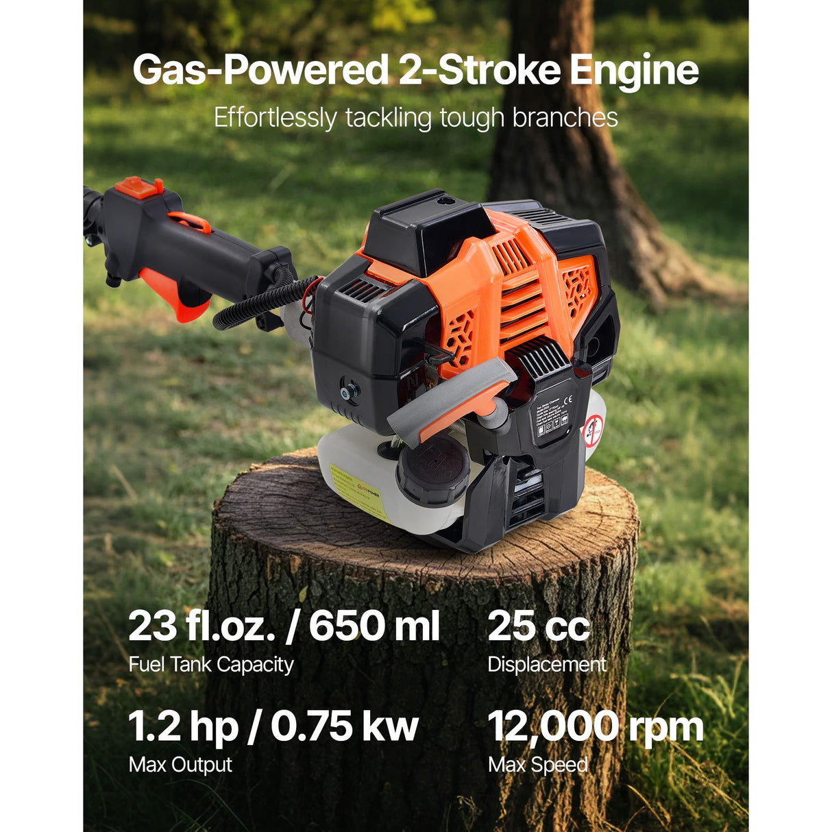 VEVOR Gas Pole Saw, 25CC 2 Stroke Gas Powered Pole Saws with 30.5 cm Cutting Bar, Cordless Tree Trimmer with 650ml Fuel Tank, 2.12 to 3.62 m Extendable, Powerful Chainsaw for Tree Trimming Pruning