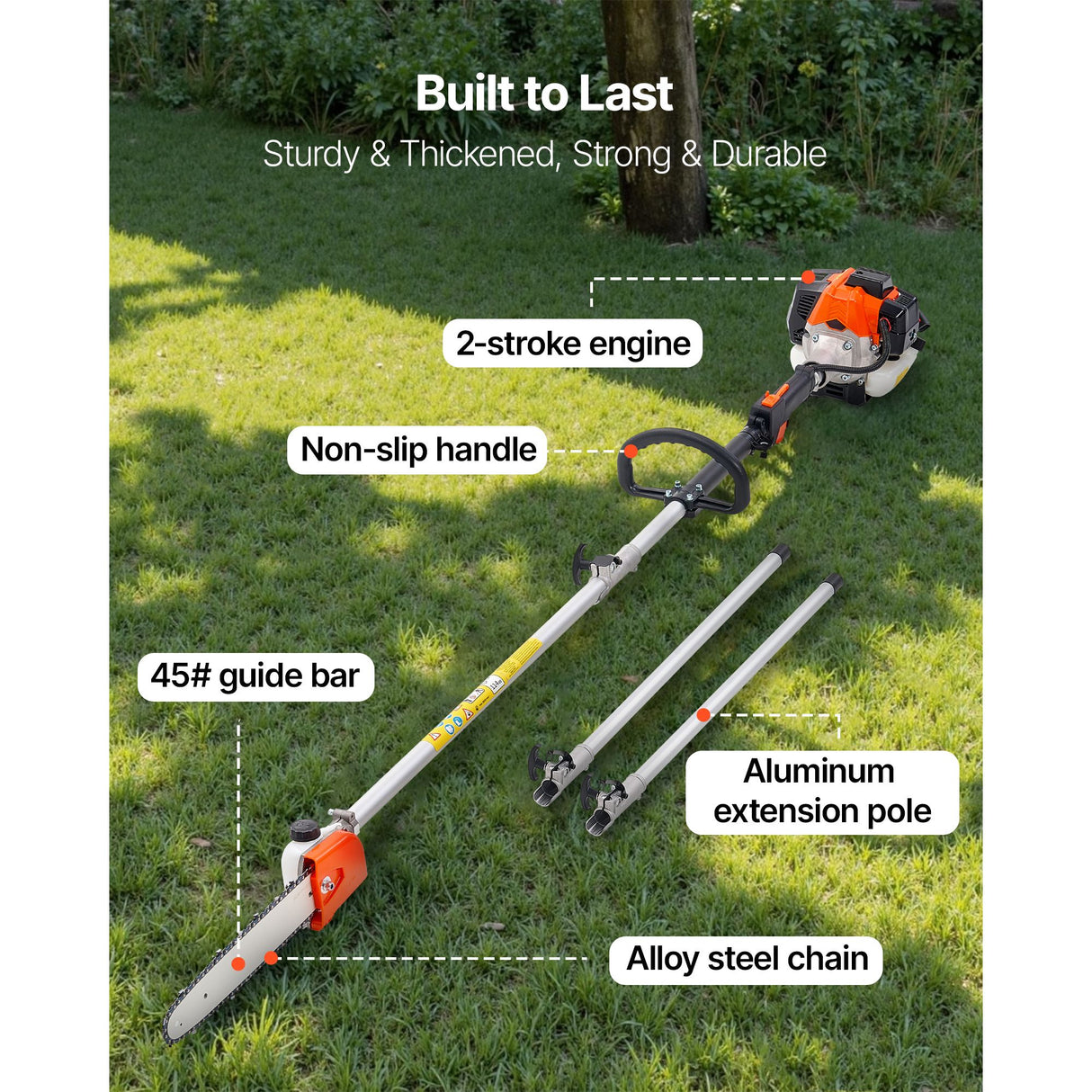 VEVOR Gas Pole Saw, 25CC 2 Stroke Gas Powered Pole Saws with 30.5 cm Cutting Bar, Cordless Tree Trimmer with 650ml Fuel Tank, 2.12 to 3.62 m Extendable, Powerful Chainsaw for Tree Trimming Pruning