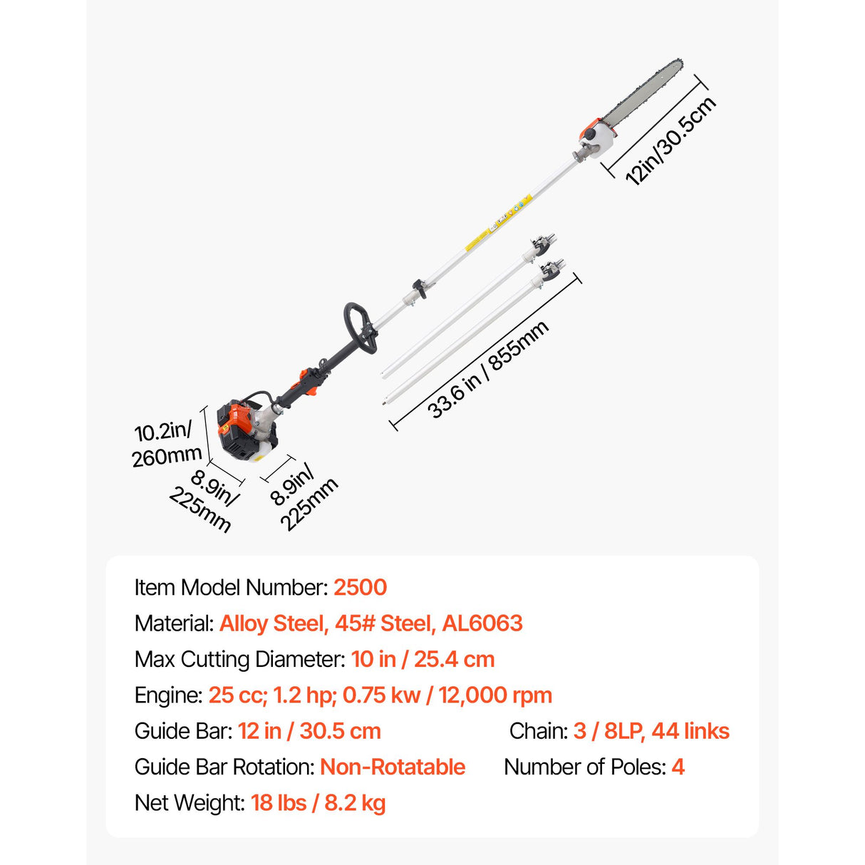 VEVOR Gas Pole Saw, 25CC 2 Stroke Gas Powered Pole Saws with 30.5 cm Cutting Bar, Cordless Tree Trimmer with 650ml Fuel Tank, 2.12 to 3.62 m Extendable, Powerful Chainsaw for Tree Trimming Pruning