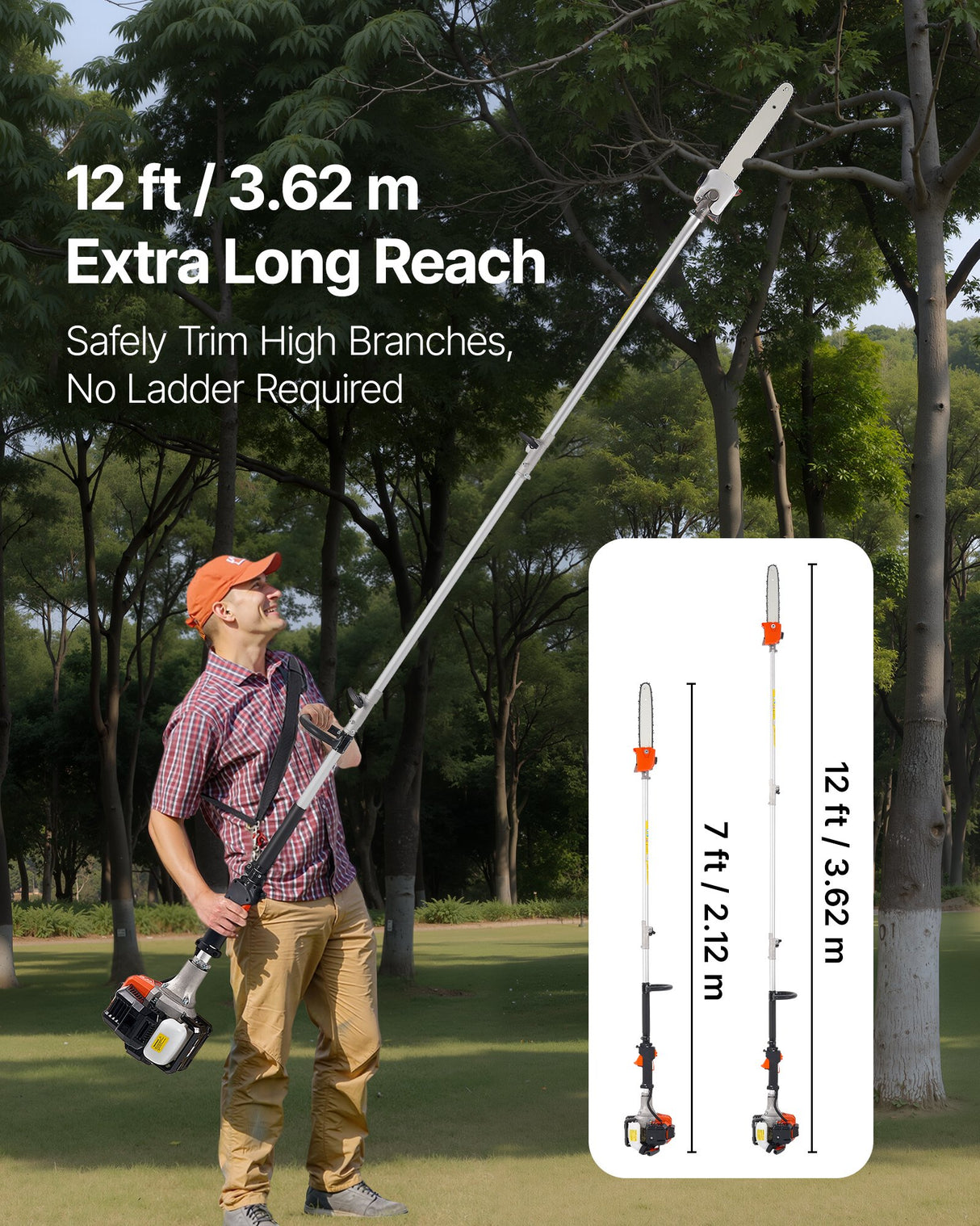VEVOR Gas Pole Saw, 25CC 2 Stroke Gas Powered Pole Saws with 30.5 cm Cutting Bar, Cordless Tree Trimmer with 650ml Fuel Tank, 2.12 to 3.62 m Extendable, Powerful Chainsaw for Tree Trimming Pruning
