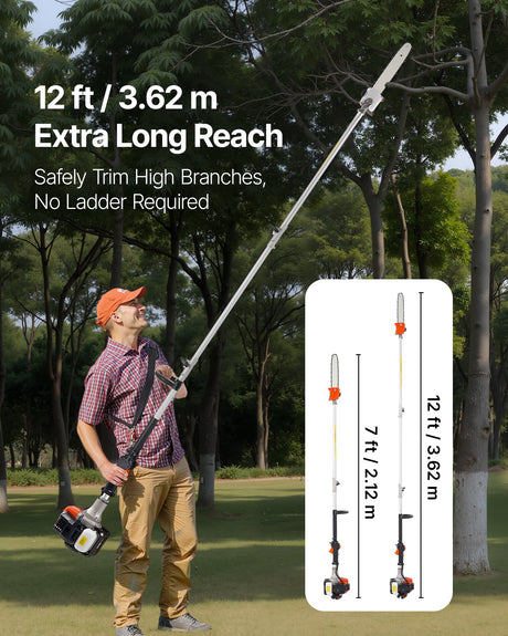 VEVOR Gas Pole Saw, 25CC 2 Stroke Gas Powered Pole Saws with 30.5 cm Cutting Bar, Cordless Tree Trimmer with 650ml Fuel Tank, 2.12 to 3.62 m Extendable, Powerful Chainsaw for Tree Trimming Pruning