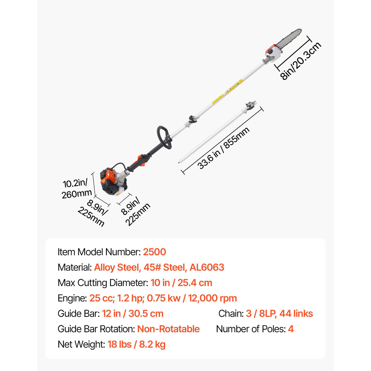 VEVOR Gas Pole Saw, 25CC 2 Stroke Gas Powered Pole Saws with 20.3 cm Cutting Bar, Cordless Tree Trimmer with 650ml Fuel Tank, 2 to 2.74 m Extendable, Powerful Chainsaw for Tree Trimming Pruning