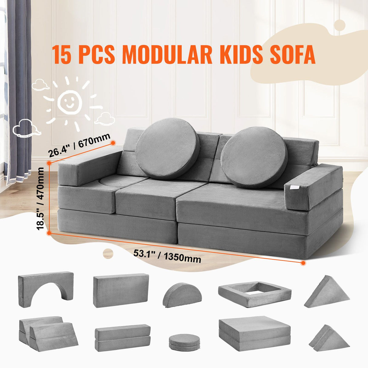 VEVOR Play Couch, 15pcs Modular Kids Nugget Couch, Toddler Foam Sofa Couch with High-density 25D Sponge for Playing, Creativing, Sleeping, Imaginative Kids Furniture for Bedroom and Playroom