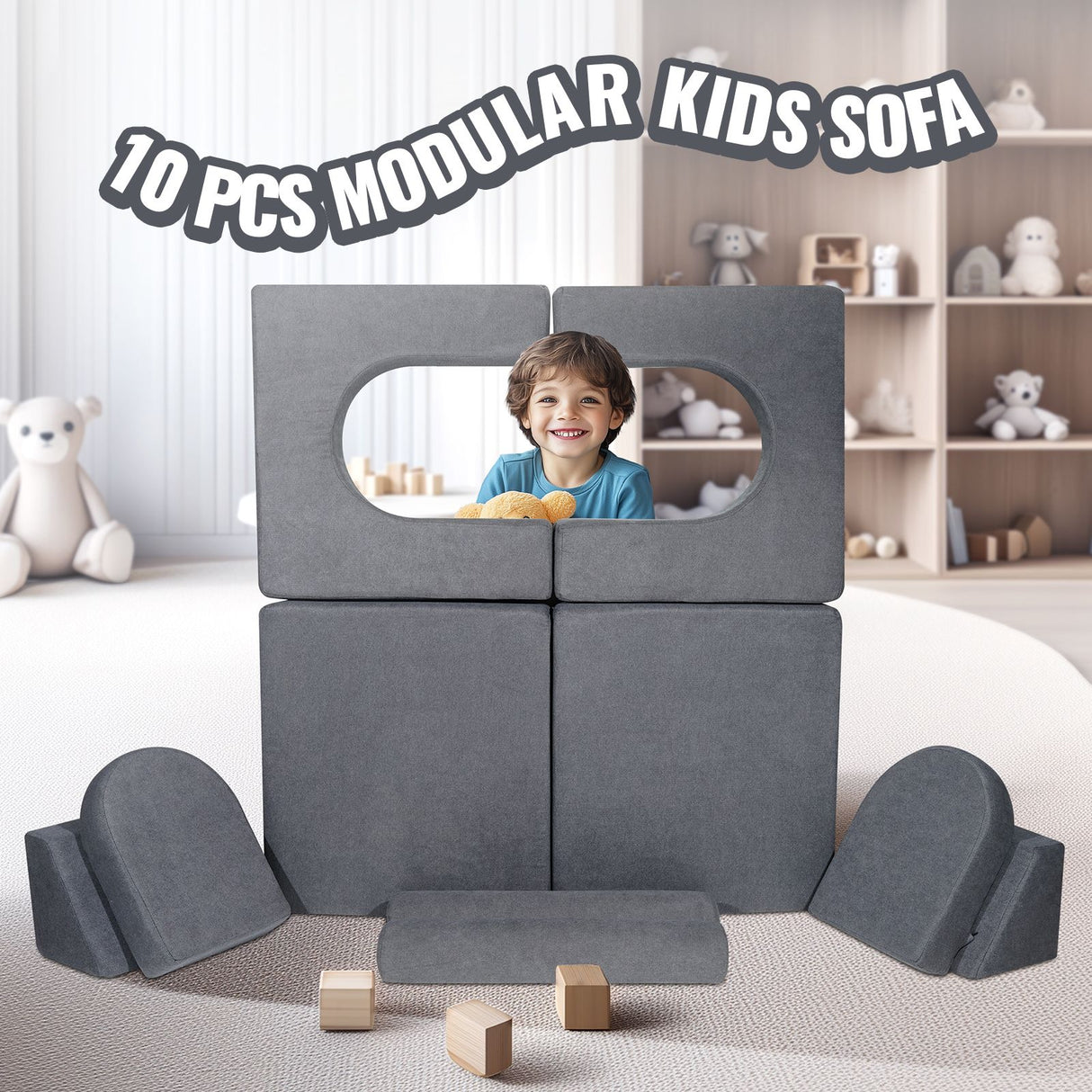 VEVOR Modular Kids Play Couch 10Pcs DIY Creative Toddler Sectional Sofa Grey