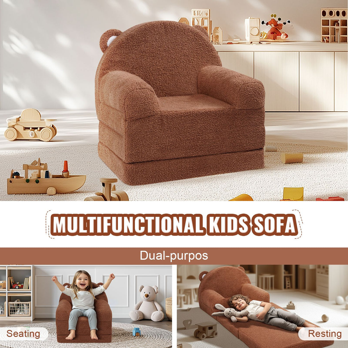 VEVOR Baby Chair Foldable 2-in-1 Baby Lounger Couch Cartoon Kids Sofa Brown
