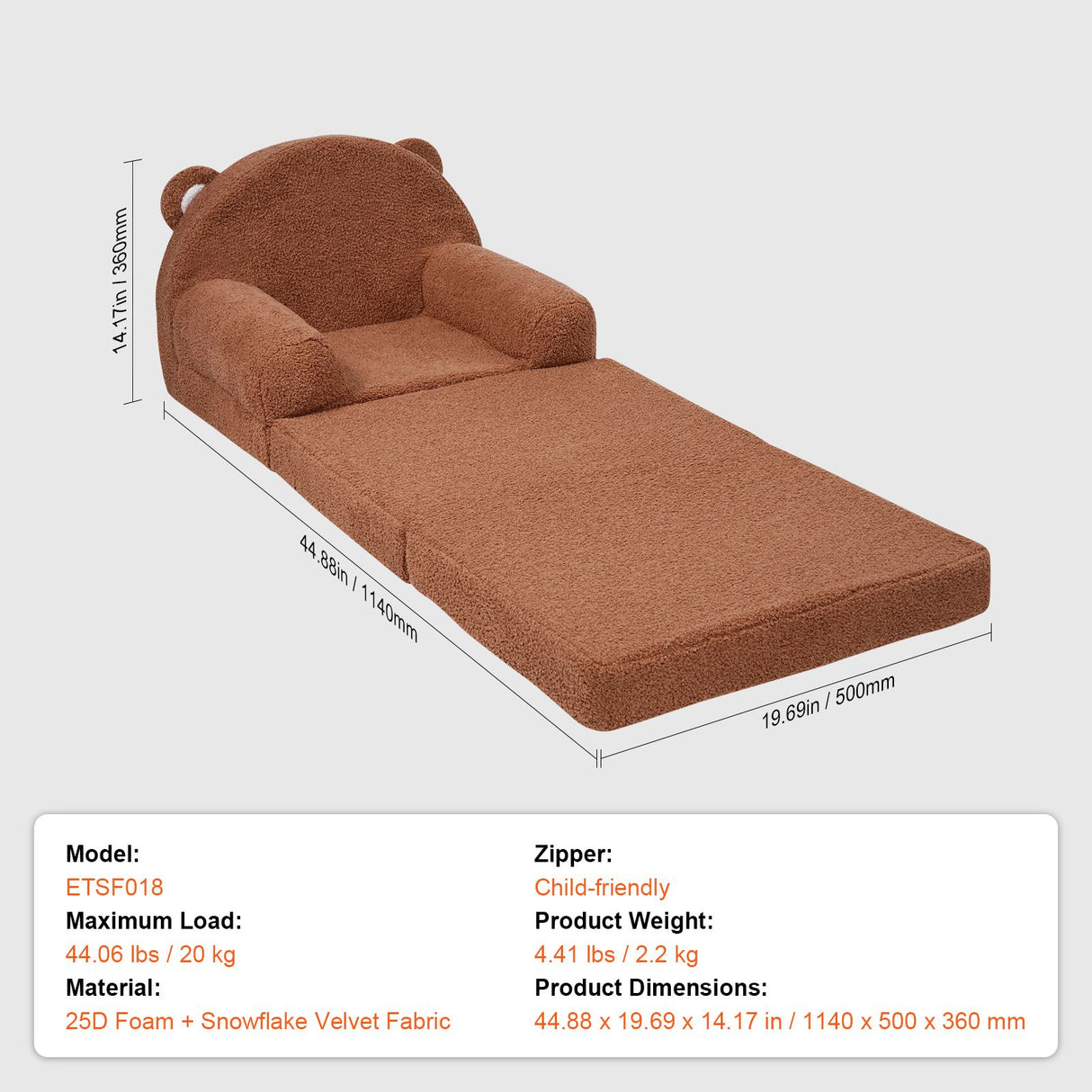 VEVOR Baby Chair Foldable 2-in-1 Baby Lounger Couch Cartoon Kids Sofa Brown