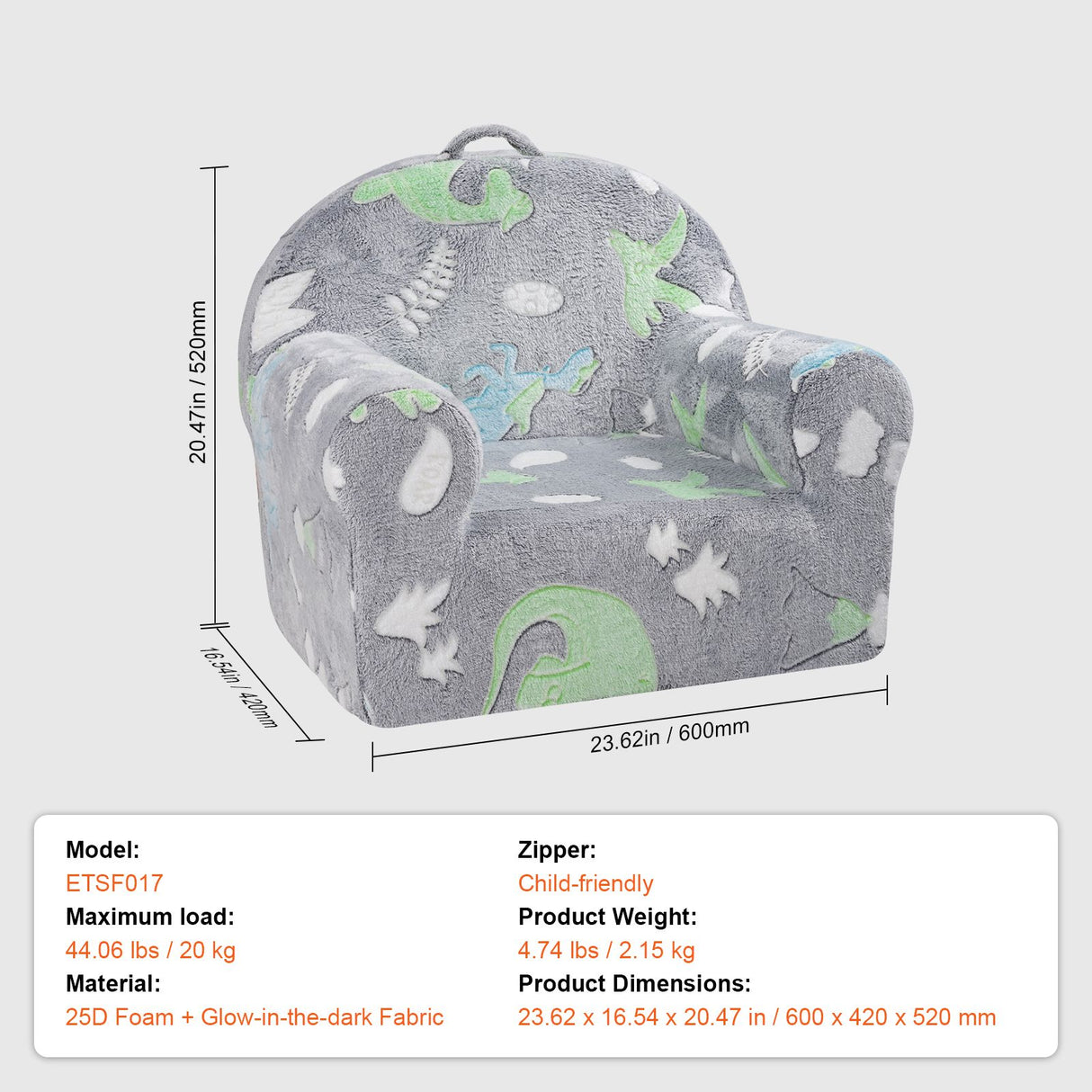 VEVOR Toddler Chair Glow in the Dark Plush Baby Chair Playroom Furniture Grey