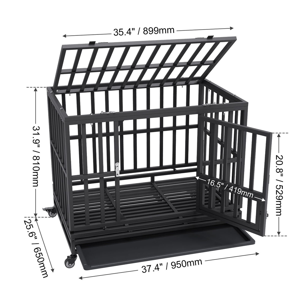 Heavy Duty Dog Crate 38 in Metal Dog Kennel with Wheels and Removable Tray
