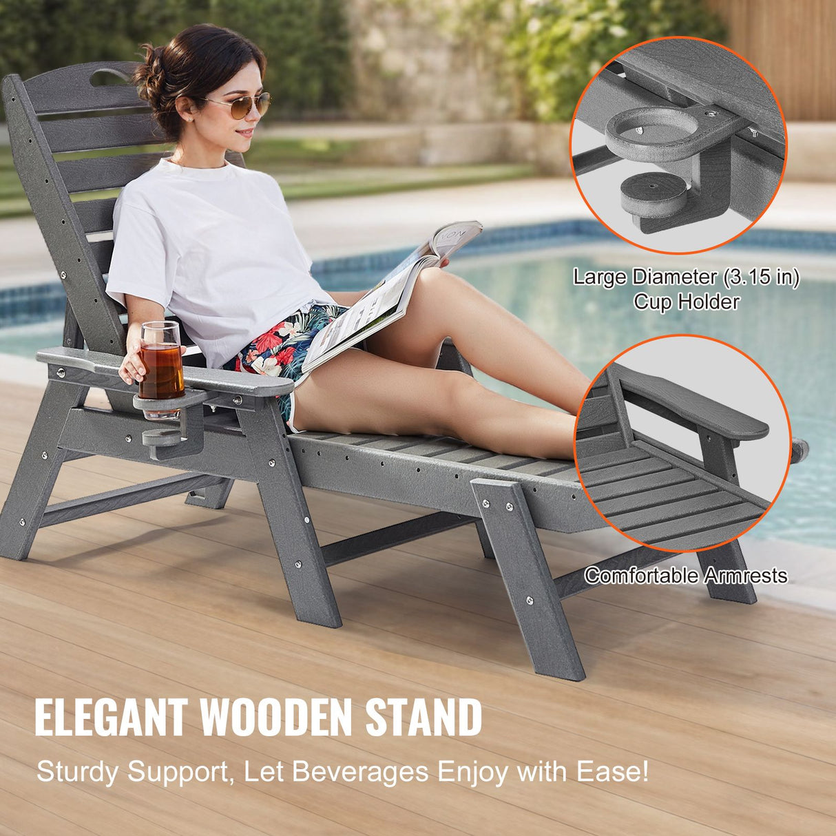 Outdoor Chaise Lounge Chair 6 Positions Reclining Patio Bench Lounger Gray
