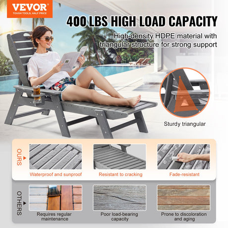 Outdoor Chaise Lounge Chair 6 Positions Reclining Patio Bench Lounger Gray